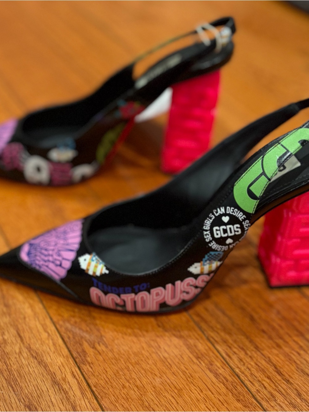 GCDS Black Graphic Slingback Heels with Pink Block Heel Size 39